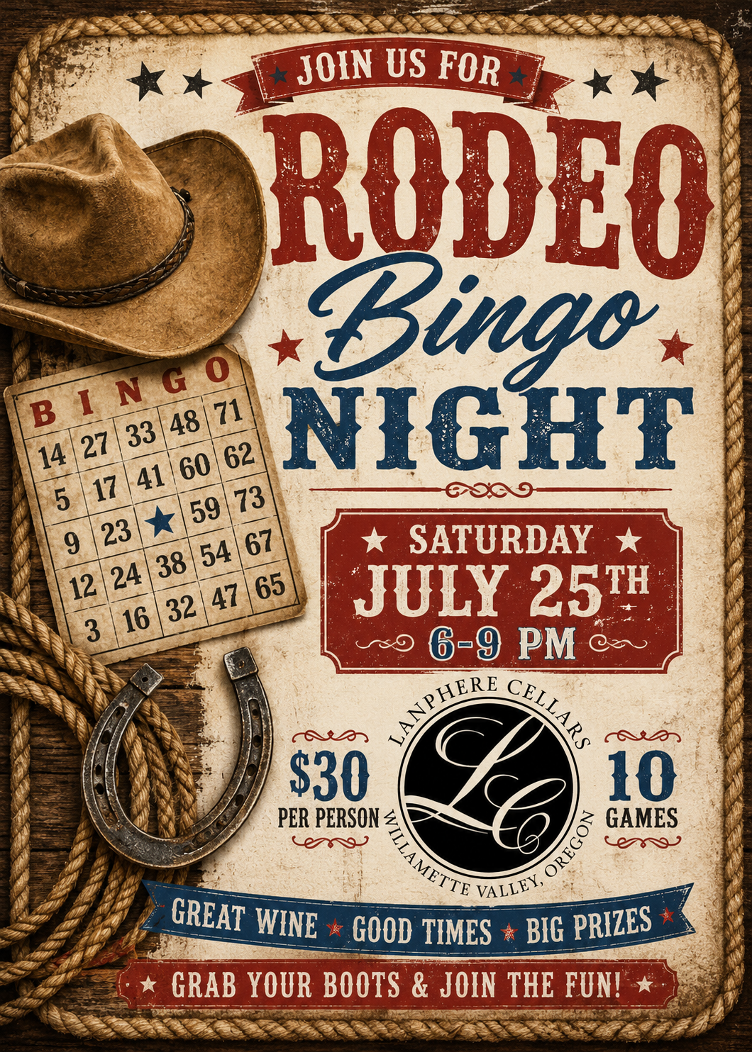 rodeo themed bingo night at lanphere cellars event