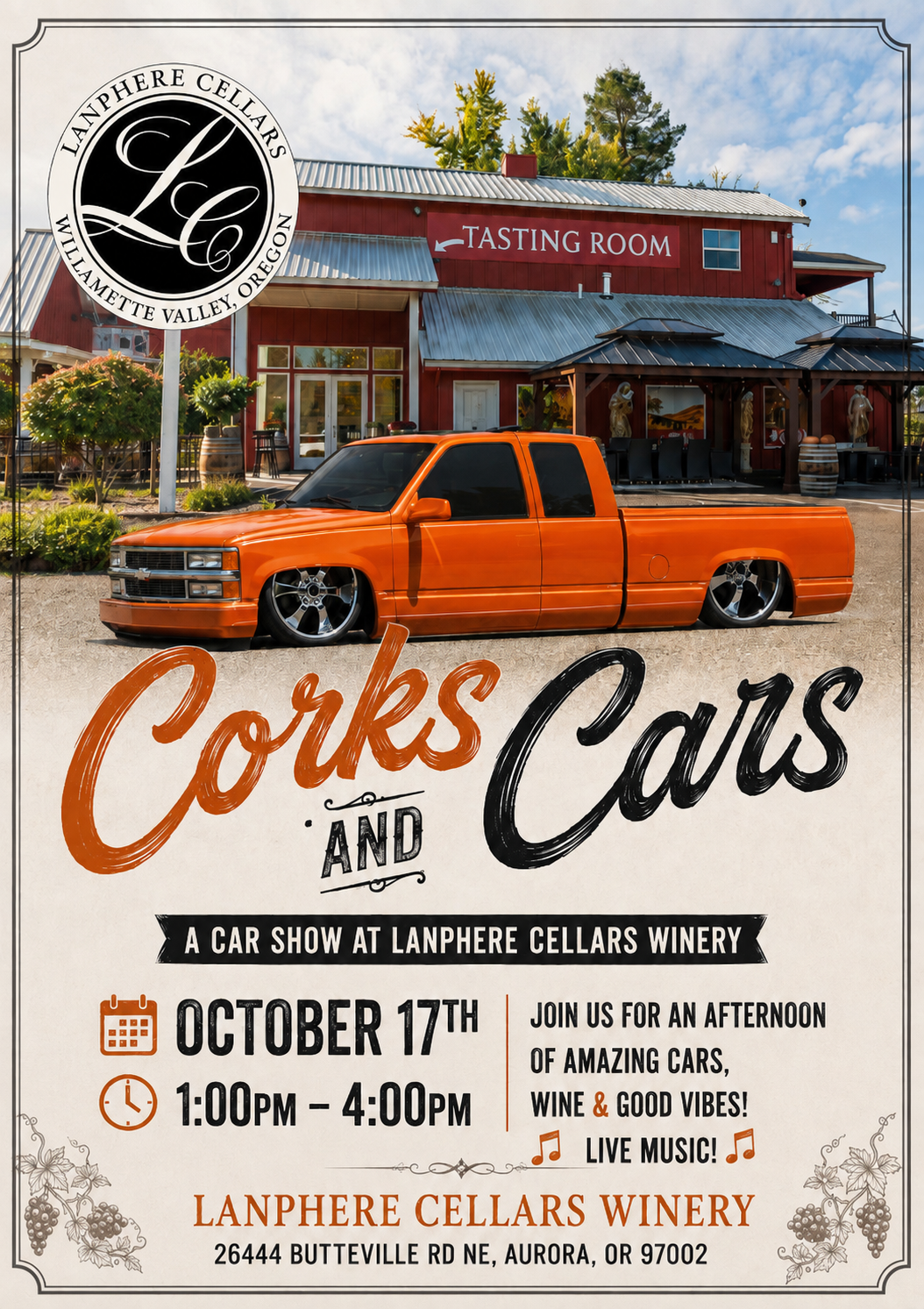 Corks and Cars coming to Lanphere Cellars! October 17th, 2026. Joine us for Amazing cars, wine, and live music.